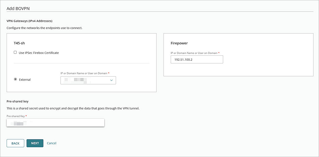 Screenshot of VPN Gateway settings on the Add BOVPN page
